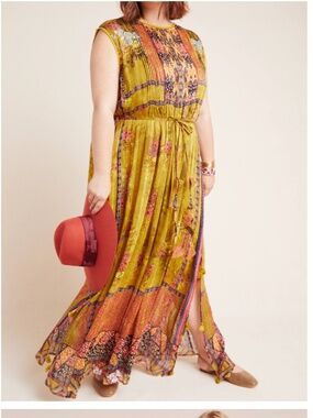 Anthropologie Bhanuni By Jyoti Green Sleeveless Crinkle Sheer Maxi Dress Size XL